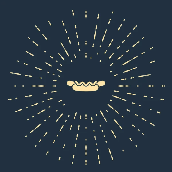 Mavi arka planda hardal simgesi olan bej sosisli sandviç. Sosis ikonu. Sokak fast food menüsü. Soyut çember rastgele noktalar. Vektör İllüstrasyonu — Stok Vektör