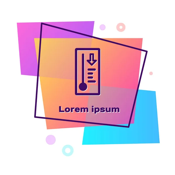 Das lila Meteorologie-Thermometer misst Hitze und Kälte isoliert auf weißem Hintergrund. Thermometerausrüstung, die heißes oder kaltes Wetter zeigt. Farbrechteck-Taste. Vektorillustration — Stockvektor