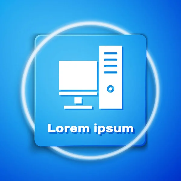 Icono de monitor de computadora blanca aislado sobre fondo azul. Signo de componente PC. Botón cuadrado azul. Ilustración vectorial — Archivo Imágenes Vectoriales