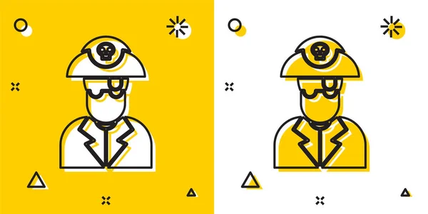 黄色と白の背景に隔離された黒の海賊船長アイコン。ランダムな動的形状。ベクターイラスト — ストックベクタ