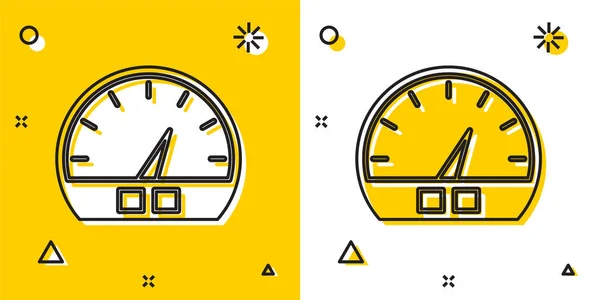 Zwarte snelheidsmeter pictogram geïsoleerd op gele en witte achtergrond. Willekeurige dynamische vormen. Vector Illustratie — Stockvector