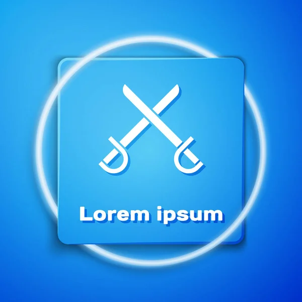 White Crossed pirate swords icon isolated on blue background. Sabre sign. Blue square button. Vector Illustration — 스톡 벡터