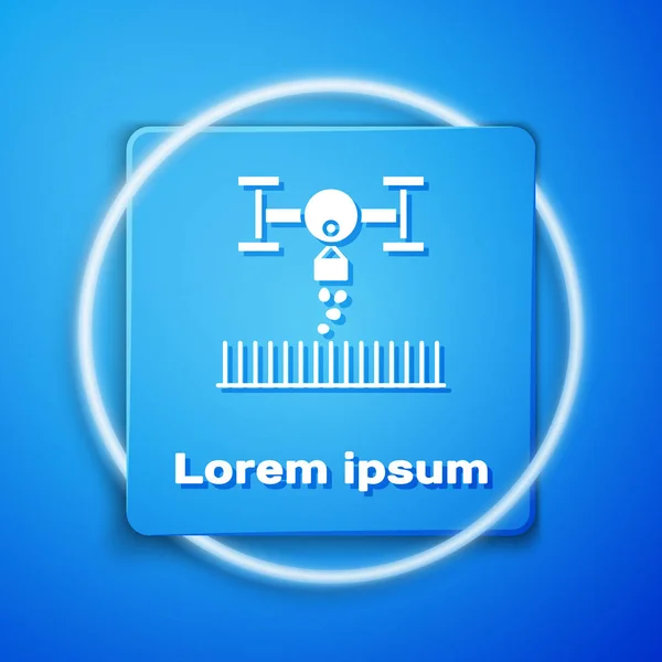 White Smart farm with drone control for seed planting icon isolated on blue background. Innovation technology for agricultural company. Blue square button. Vector Illustration — 스톡 벡터