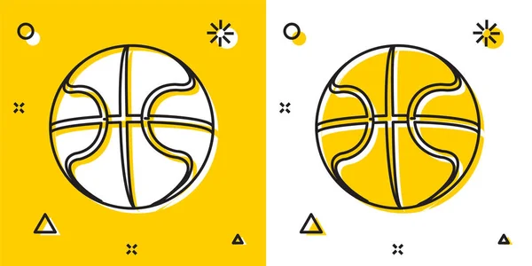 黄色と白の背景に隔離された黒のバスケットボールのアイコン。スポーツシンボル。ランダムな動的形状。ベクターイラスト — ストックベクタ