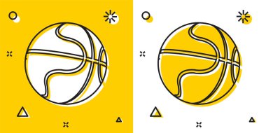 Siyah basketbol topu ikonu sarı ve beyaz arka planda izole edildi. Spor sembolü. Rastgele dinamik şekiller. Vektör İllüstrasyonu