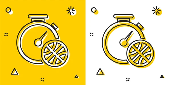 Siyah Kronometre, içinde basketbol topu olan sarı ve beyaz arka planda izole edilmiş bir ikon. Basketbol zamanı. Spor ve antrenman. Rastgele dinamik şekiller. Vektör İllüstrasyonu — Stok Vektör