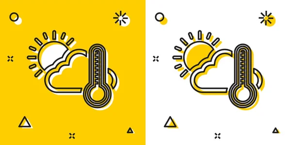 Black Thermometer and cloud with sun icon isolated on yellow and white background. Random dynamic shapes. Vector Illustration — 스톡 벡터