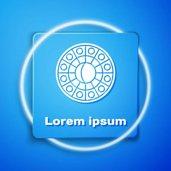 Círculo de horóscopo de astrologia branca com ícone do zodíaco isolado no fundo azul. Botão quadrado azul. Ilustração vetorial — Vetor de Stock