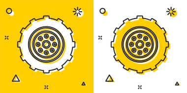 Sarı ve beyaz arka planda siyah araba tekerleği simgesi izole edildi. Rastgele dinamik şekiller. Vektör İllüstrasyonu