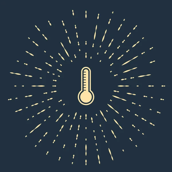 Beige Μετεωρολογικό θερμόμετρο μέτρησης θερμότητας και κρύο εικονίδιο απομονώνονται σε σκούρο μπλε φόντο. Θερμομετρικό εξοπλισμό που δείχνει ζεστό ή κρύο καιρό. Αφηρημένες τυχαίες τελείες. Εικονογράφηση διανύσματος — Διανυσματικό Αρχείο