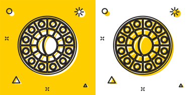 Siyah Astroloji burç çemberi ve sarı ve beyaz arka planda izole edilmiş burç ikonu. Rastgele dinamik şekiller. Vektör İllüstrasyonu