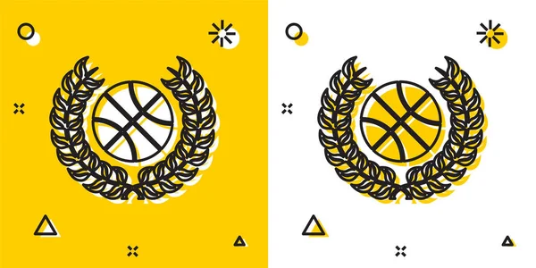 Black Award with basketball ball icon isolated on yellow and white background. Laurel wreath. Winner trophy. Championship or competition trophy. Random dynamic shapes. Vector Illustration — 스톡 벡터
