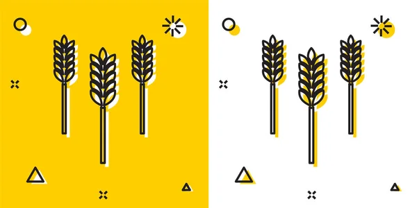 Black Cereals set with rice, wheat, corn, oats, rye, barley icon isolated on yellow and white background. Ears of wheat bread symbols. Random dynamic shapes. Vector Illustration — ストックベクタ