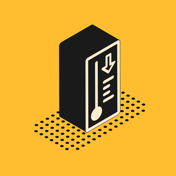 Isometric Meteorology thermometer measuring heat and cold icon isolated on yellow background. Thermometer equipment showing hot or cold weather. Vector Illustration