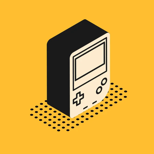 Ícone de console de videogame isométrico portátil isolado em fundo amarelo. Sinal do Gamepad. Conceito de jogo. Ilustração vetorial —  Vetores de Stock