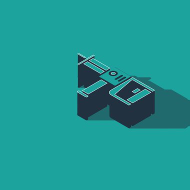 Isometric Electric döner çekiç matkap ikonu yeşil arka planda izole edilmiş. İnşaat, onarım ve onarım için kullanılan bir alet. Vektör İllüstrasyonu