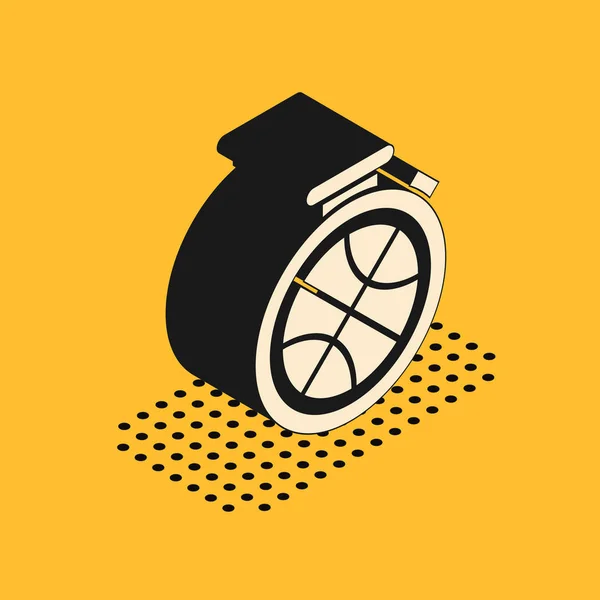 Izometrikus Stopwatch kosárlabda belül ikon elszigetelt sárga alapon. Kosárlabda idő. Sport és edzés. Vektorillusztráció — Stock Vector