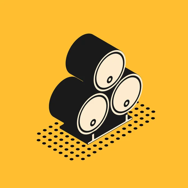 Isometric Wooden barrels icon isolated on yellow background. Alcohol barrel, drink container, wooden keg for beer, whiskey, wine. Vector Illustration — 스톡 벡터