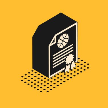 Isome Sertifikalı Şablon Basketbol Ödülü ikonu sarı arka planda izole edildi. Başarı, ödül, diploma, burs, diploma kavramları. Vektör İllüstrasyonu