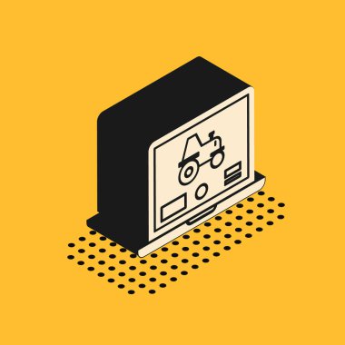 Sarı arkaplanda izole edilmiş akıllı bir çiftlik ikonu üzerindeki özerk bir traktörü kontrol etmek için Isometric Laptop uygulaması. Akıllı tarım uygulaması. Vektör İllüstrasyonu