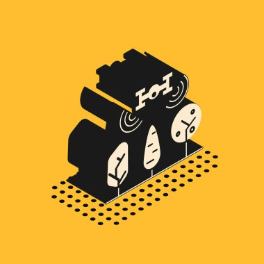 İnsansız hava aracı kontrollü Isometric Smart çiftliği ve sarı arka planda izole edilmiş ağaç simgesi. Tarım şirketi için icat teknolojisi. Vektör İllüstrasyonu