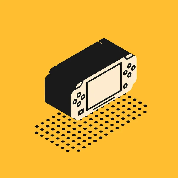 黄色の背景に隔離されたアイソメトリックポータブルビデオゲームコンソールアイコン。ゲームパッドのサインだゲームのコンセプト。ベクターイラスト — ストックベクタ