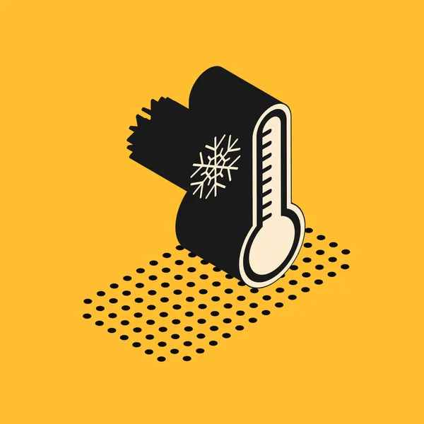 Termómetro de meteorología isométrica que mide el calor y el icono frío aislado sobre fondo amarillo. Equipo de termómetro que muestra clima caliente o frío. Ilustración vectorial — Vector de stock