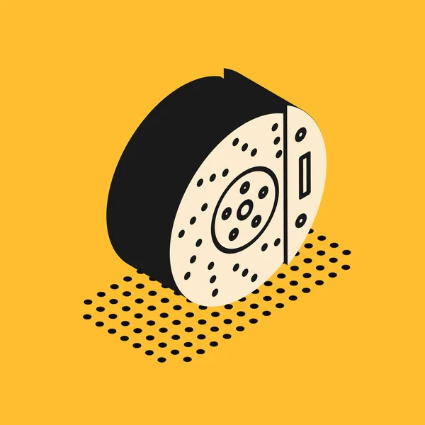 Disco de freio de carro isométrico com ícone de paquímetro isolado no fundo amarelo. Ilustração vetorial — Vetor de Stock