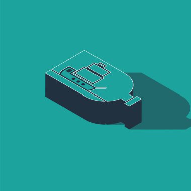 Isometric cam şişe içinde gemi simgesi yeşil arka planda izole. Deniz gemisinin minyatür modeli. Hobi ve deniz teması. Vektör İllüstrasyonu