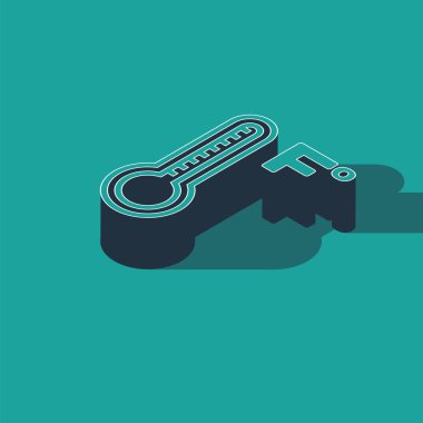 Isometric Meteoroloji termometresi yeşil zeminde izole edilmiş ısı ve soğuk ikonu ölçüyor. Sıcaklık Fahrenhayt. Vektör İllüstrasyonu