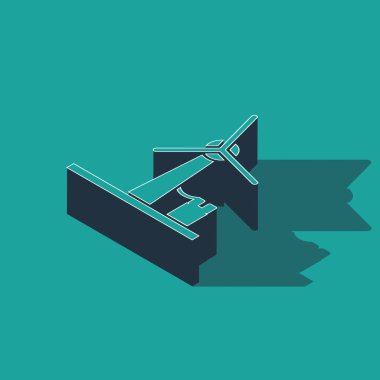 Isometric Rüzgar türbini simgesi yeşil arkaplanda izole edildi. Rüzgar jeneratörü işareti. Elektrik üretimi için yel değirmeni. Vektör İllüstrasyonu