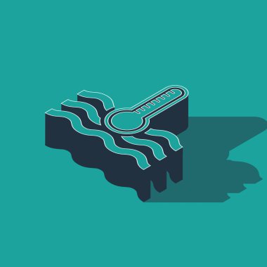Isometric Water termometresi yeşil zeminde izole edilmiş ısı ve soğuk ikonu ölçüyor. Termometre termometresi sıcak ya da soğuk hava gösteriyor. Vektör İllüstrasyonu