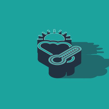 Isometric Termometre ve bulutlu güneş ikonu yeşil arka planda izole edildi. Vektör İllüstrasyonu