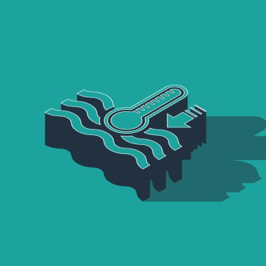 Isometric Water termometresi yeşil zeminde izole edilmiş ısı ve soğuk ikonu ölçüyor. Termometre termometresi sıcak ya da soğuk hava gösteriyor. Vektör İllüstrasyonu