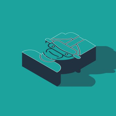 Yeşil arka planda izole edilmiş Isometric Sanal gerçeklik gözlüğü simgesi. Stereoskopik 3D VR maskesi. Vektör İllüstrasyonu