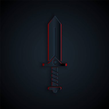 Kağıt kesiği Kılıç siyah arkaplanda izole edilmiş oyun simgesi için. Kağıt sanatı tarzı. Vektör İllüstrasyonu