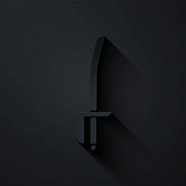 Kağıt kesikli Korsan kılıç simgesi siyah arkaplanda izole edildi. Kılıç işareti. Kağıt sanatı tarzı. Vektör İllüstrasyonu