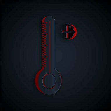 Tıbbi muayene ikonu için kağıt kesilmiş dijital termometre siyah arka planda izole edilmiş. Kağıt sanatı tarzı. Vektör İllüstrasyonu