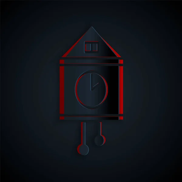 Corte de papel Icono de reloj de pared retro aislado sobre fondo negro. Signo del reloj de cuco. Reloj de péndulo antiguo. Estilo de arte de papel. Ilustración vectorial — Archivo Imágenes Vectoriales