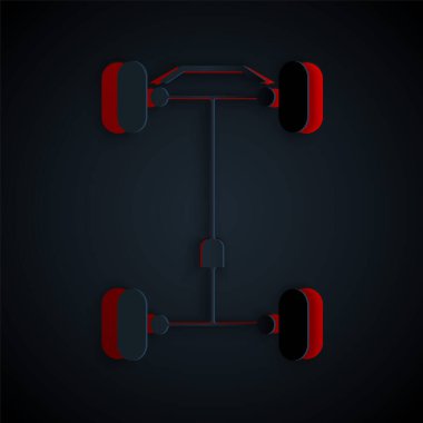 Kağıt kesiği Chassis araba simgesi siyah arka planda izole edilmiş. Kağıt sanatı tarzı. Vektör İllüstrasyonu