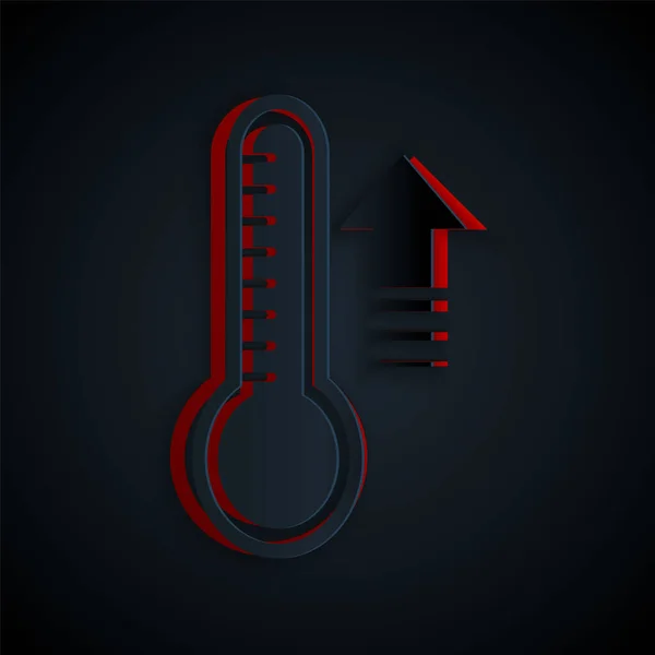 Papier gesneden Meteorologie thermometer meten warmte en koude pictogram geïsoleerd op zwarte achtergrond. Thermometer apparatuur toont warm of koud weer. Papierkunst stijl. Vector Illustratie — Stockvector