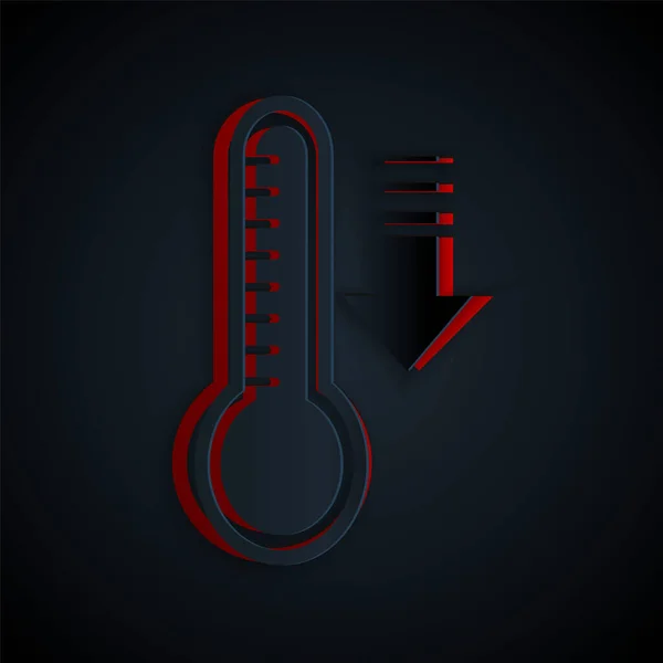 Papier gesneden Meteorologie thermometer meten warmte en koude pictogram geïsoleerd op zwarte achtergrond. Thermometer apparatuur toont warm of koud weer. Papierkunst stijl. Vector Illustratie — Stockvector