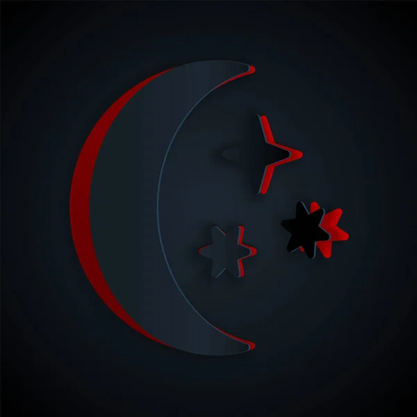 Papier gesneden maan en sterren pictogram geïsoleerd op zwarte achtergrond. Papierkunst stijl. Vector Illustratie — Stockvector