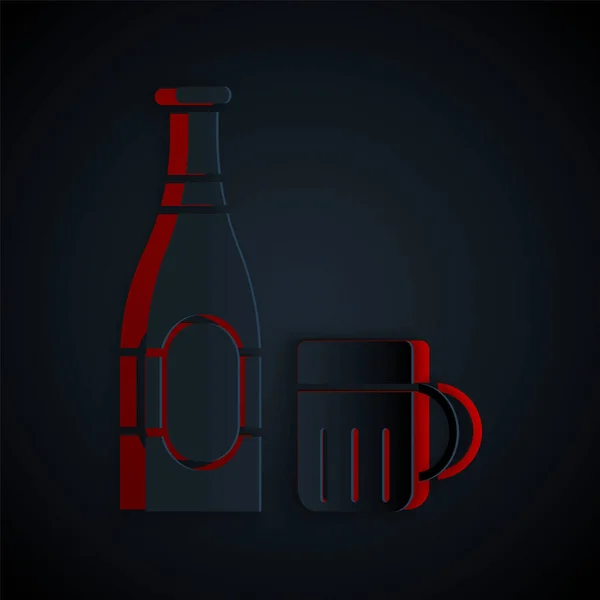 Papier gesneden Bierfles en glazen icoon geïsoleerd op zwarte achtergrond. Alcohol Drink symbool. Papierkunst stijl. Vector Illustratie — Stockvector