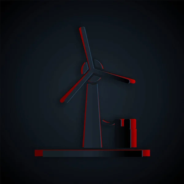 Taglio carta icona turbina eolica isolata su sfondo nero. Segnale generatore eolico. Mulino a vento per la produzione di energia elettrica. Stile cartaceo. Illustrazione vettoriale — Vettoriale Stock