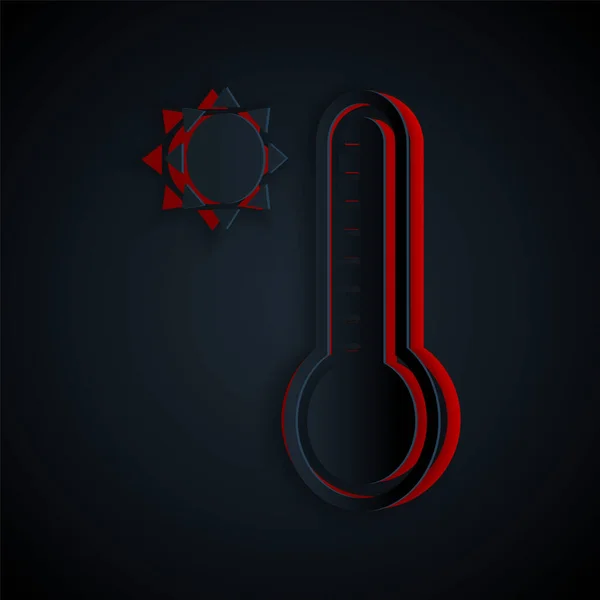 Paper cut Meteorology thermometer measuring heat and cold icon isolated on black background. Thermometer equipment showing hot or cold weather. Paper art style. Vector Illustration — Stock Vector