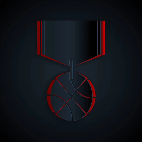 Paper cut Basketball medal with ribbon icon isolated on black background. Paper art style. Vector Illustration — 스톡 벡터