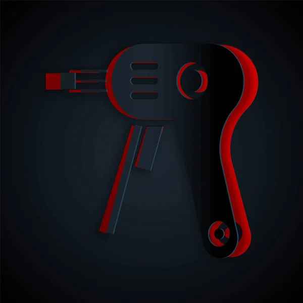 Paper cut Electric hot glue gun icon isolated on black background. Hot pistol glue. Hot repair work appliance silicone. Paper art style. Vector Illustration — 스톡 벡터