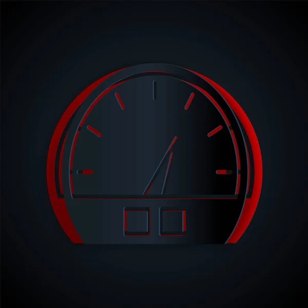 Paper cut Speedometer icon isolated on black background. Paper art style. Vector Illustration — 스톡 벡터