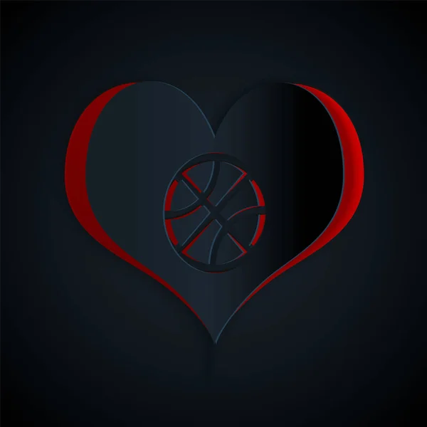 Pappersklipp Hjärta med basket inuti ikonen isolerad på svart bakgrund. Basketkärlek. Papperskonst. Vektor Illustration — Stock vektor